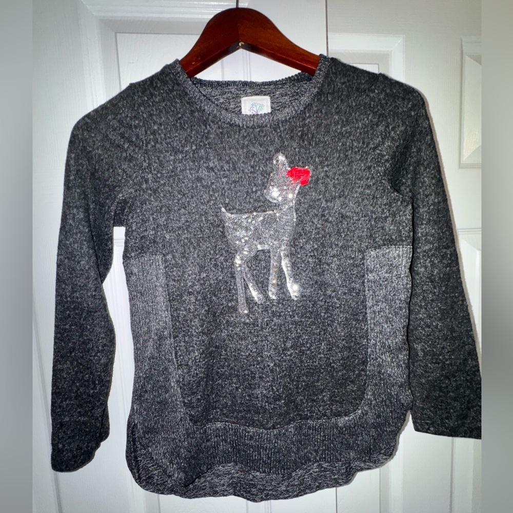 Girls Gray Holiday Sweater with Silver Deer Design